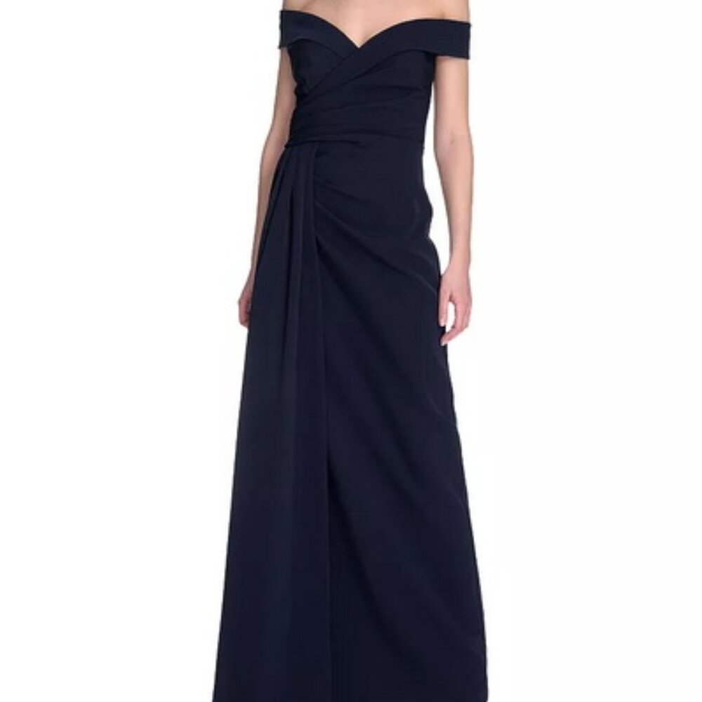 Eliza J Navy Blue Social Portrait Collar Laguna Crepe Gown